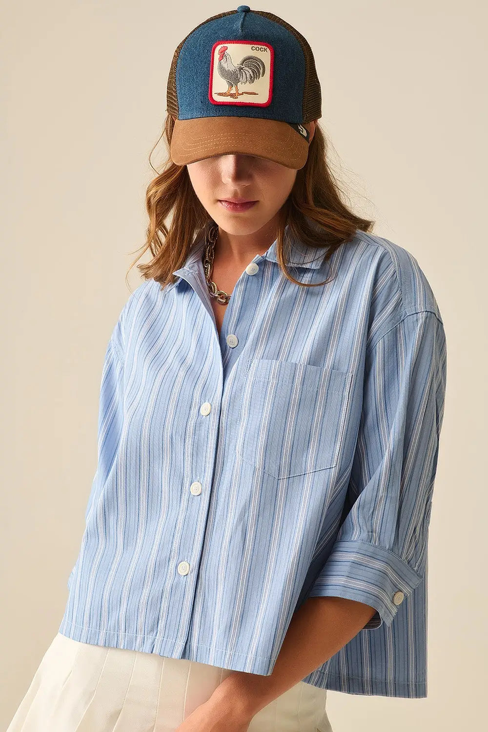 Relaxed fit Cropped Striped Shirt in Blue - Shirts