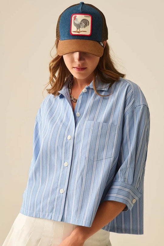 Relaxed fit Cropped Striped Shirt in Blue - Shirts