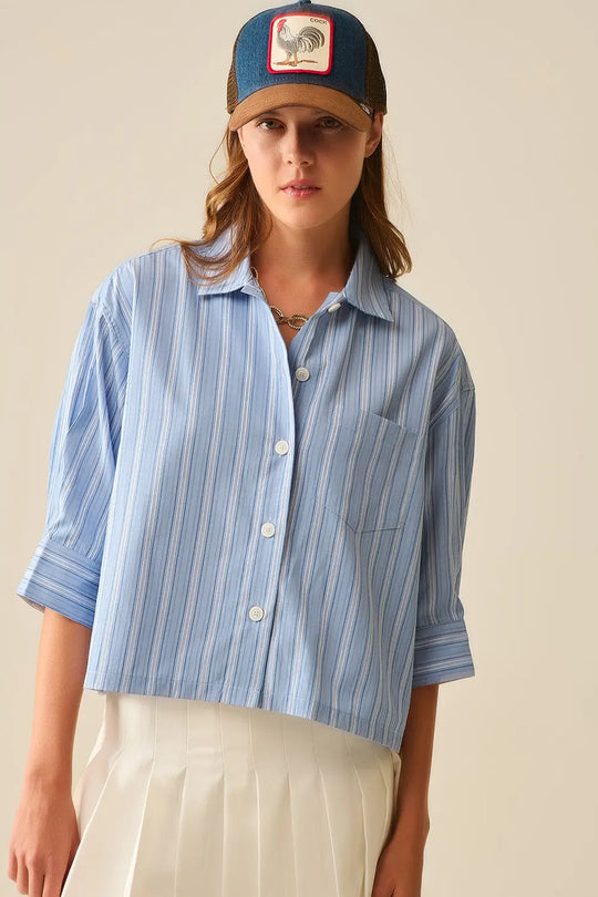 Relaxed fit Cropped Striped Shirt in Blue - Shirts