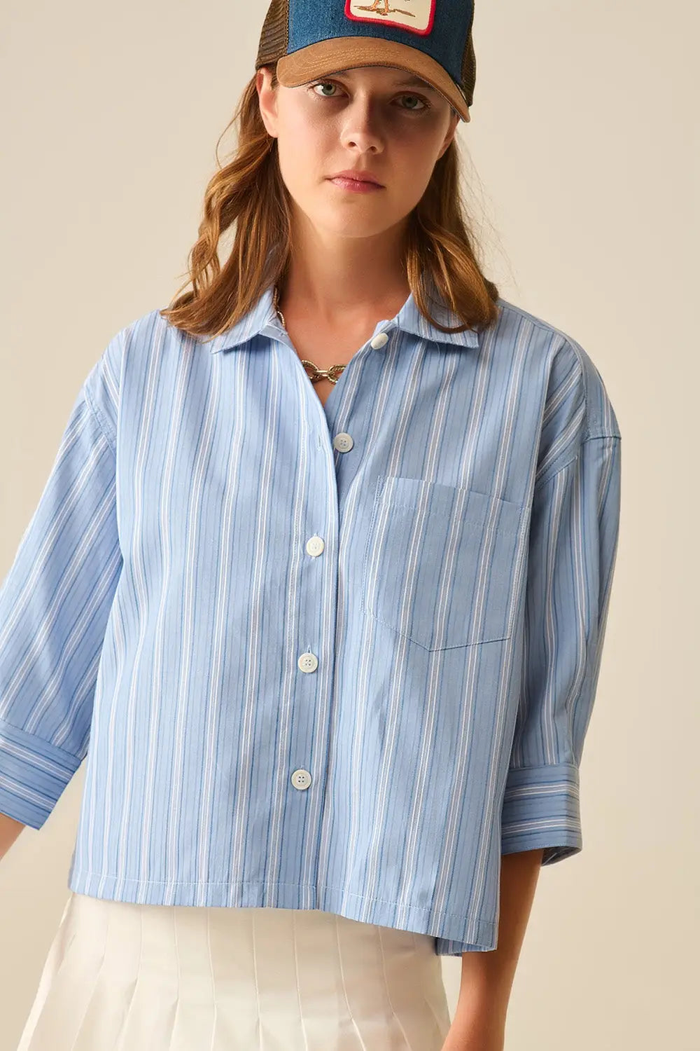 Relaxed fit Cropped Striped Shirt in Blue - Shirts
