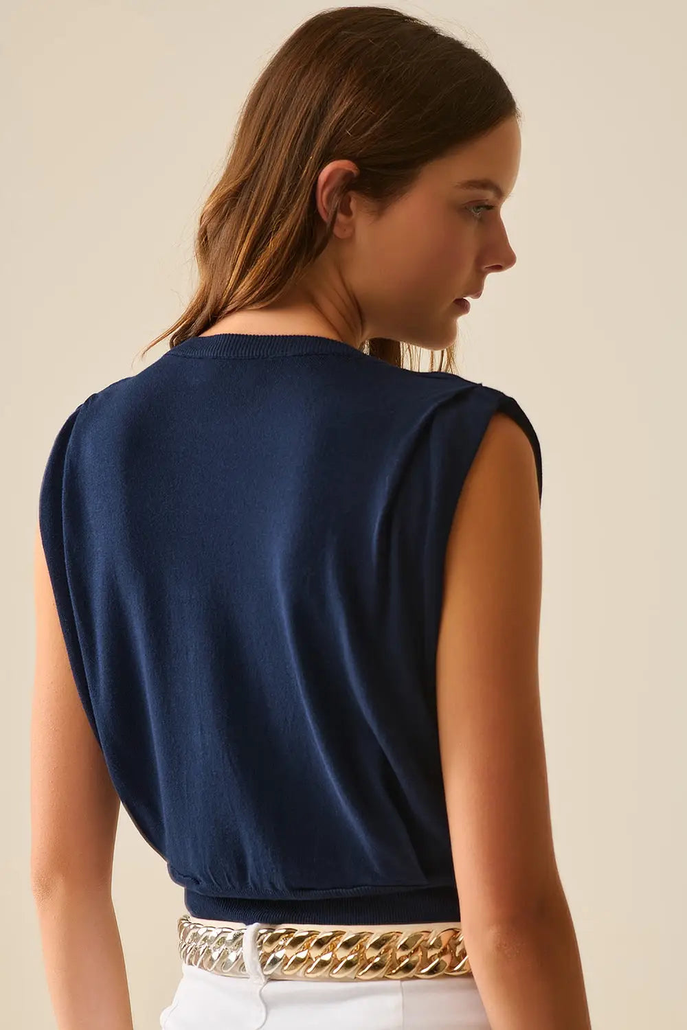 Sleeveless Knited Top With Shoulder Drape in Navy - NAVY / ONE - Sweaters