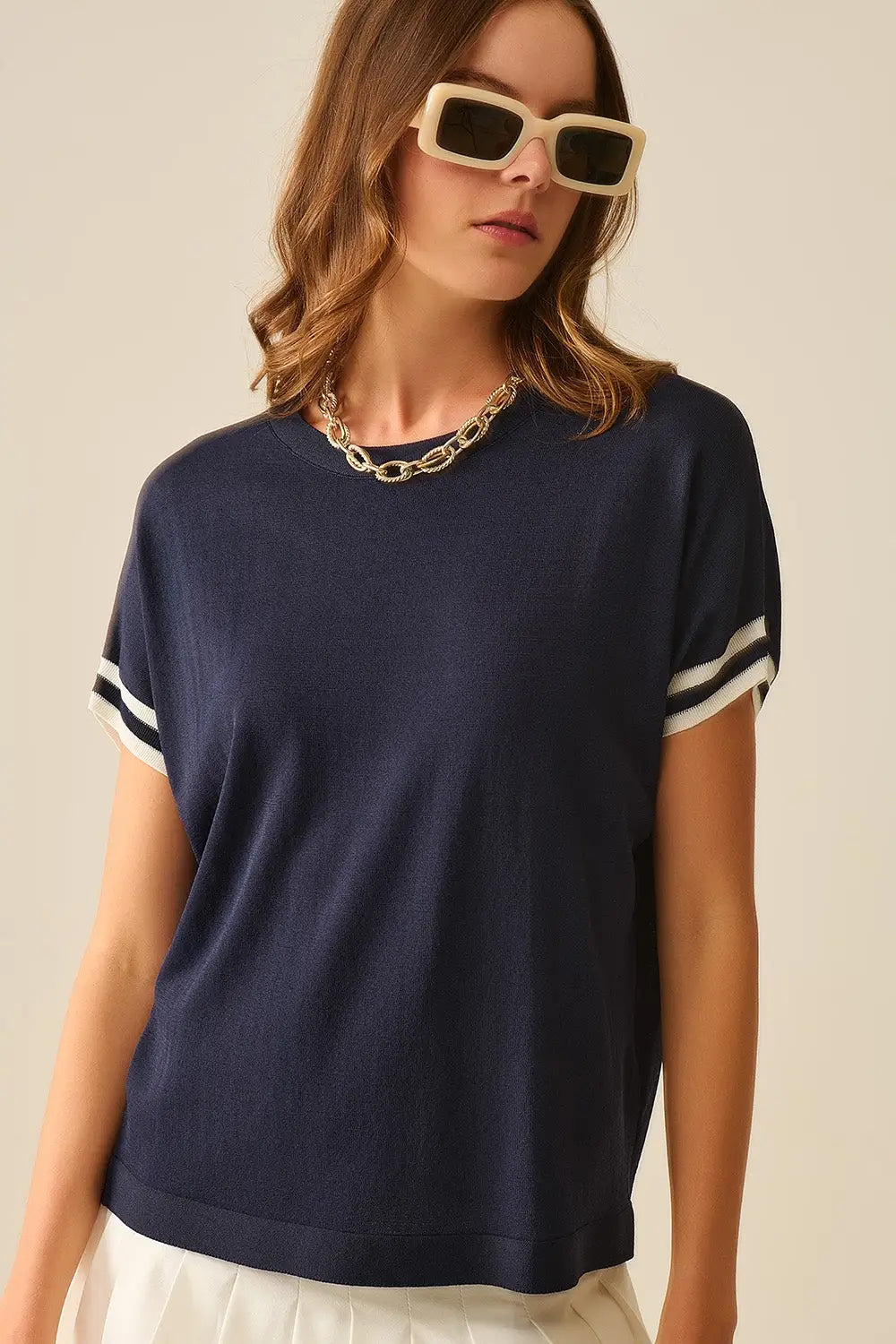 Navy Relaxed Sweater with White Contrast Detail - NAVY / ONE - Sweaters