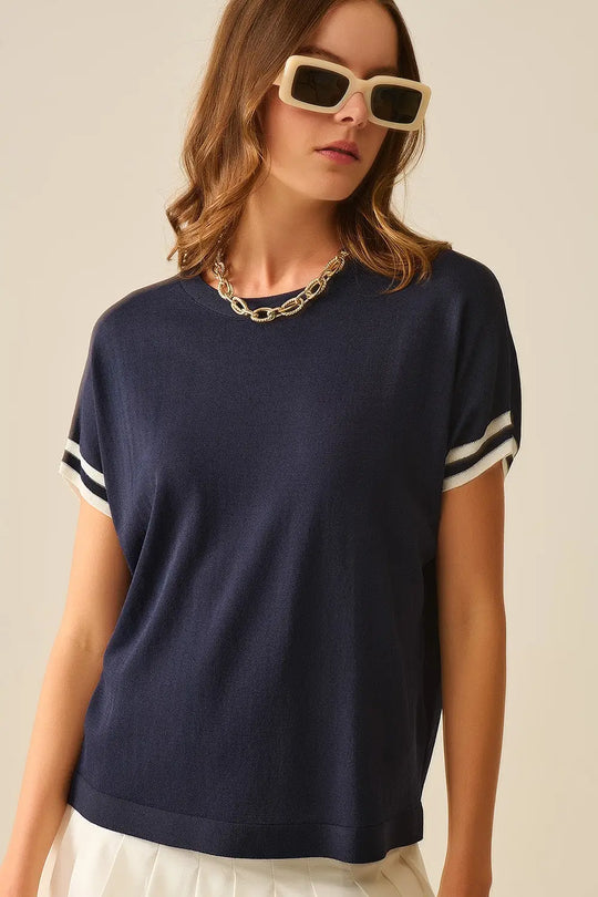 Navy Relaxed Sweater with White Contrast Detail - NAVY / ONE - Sweaters