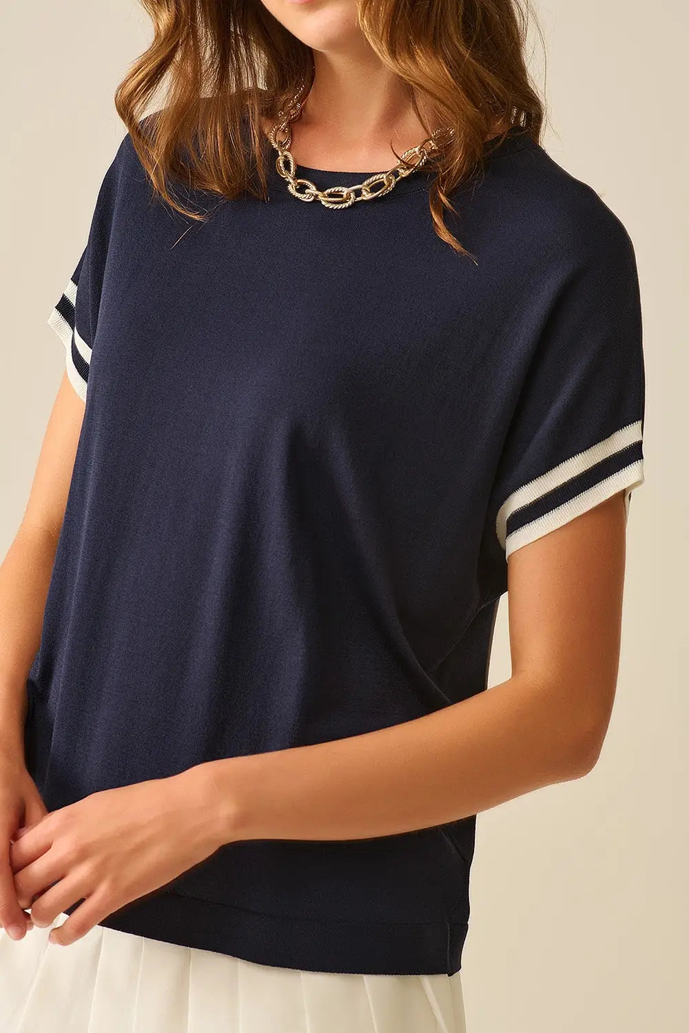 Navy Relaxed Sweater with White Contrast Detail - NAVY / ONE - Sweaters