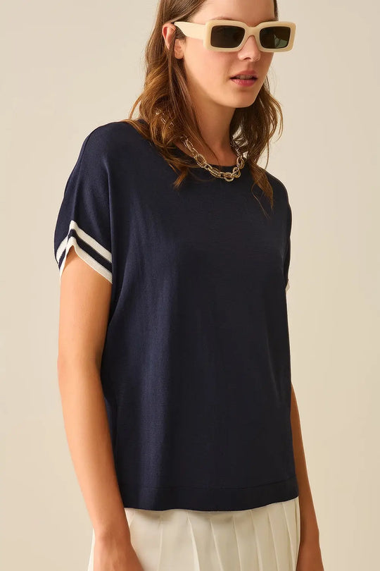 Navy Relaxed Sweater with White Contrast Detail - NAVY / ONE - Sweaters
