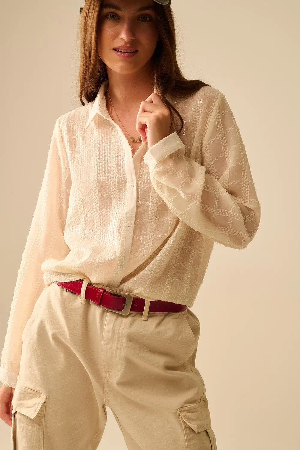 beige chiffon shirt with sequin detail - Shirts