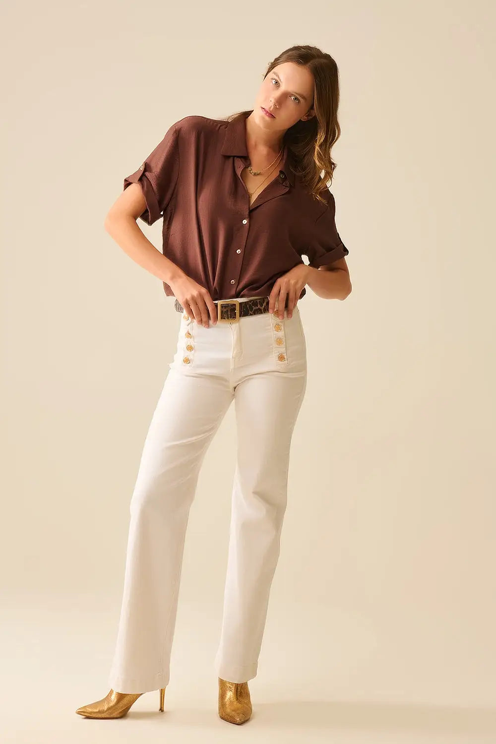 Chocolate Brown shirt with short sleeves and pleat on the sleeve - Shirts