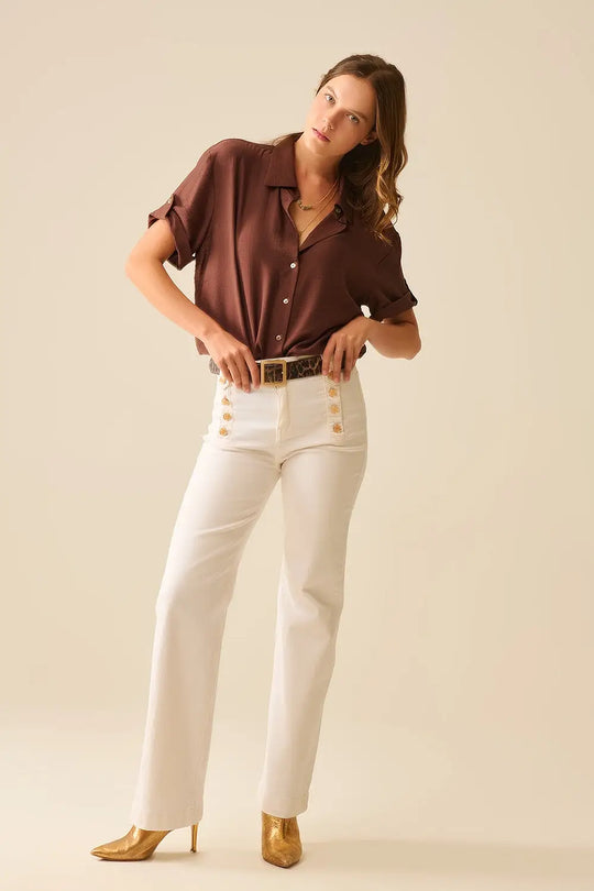 Chocolate Brown shirt with short sleeves and pleat on the sleeve - Shirts
