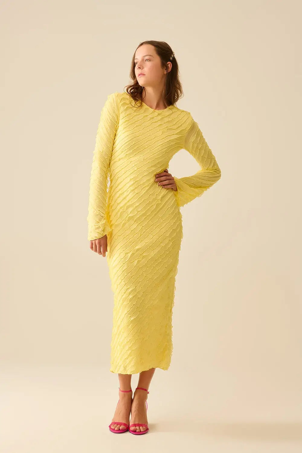 Butter Yellow Maxi Dress With Bias mini Ruffle Design - Dresses
