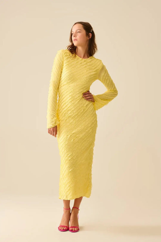 Butter Yellow Maxi Dress With Bias mini Ruffle Design - Dresses