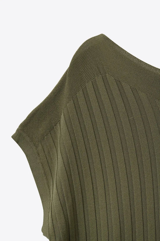 Khaki fine Rib knitted Sweater with boat neck - KHAKI / ONE - Sweaters