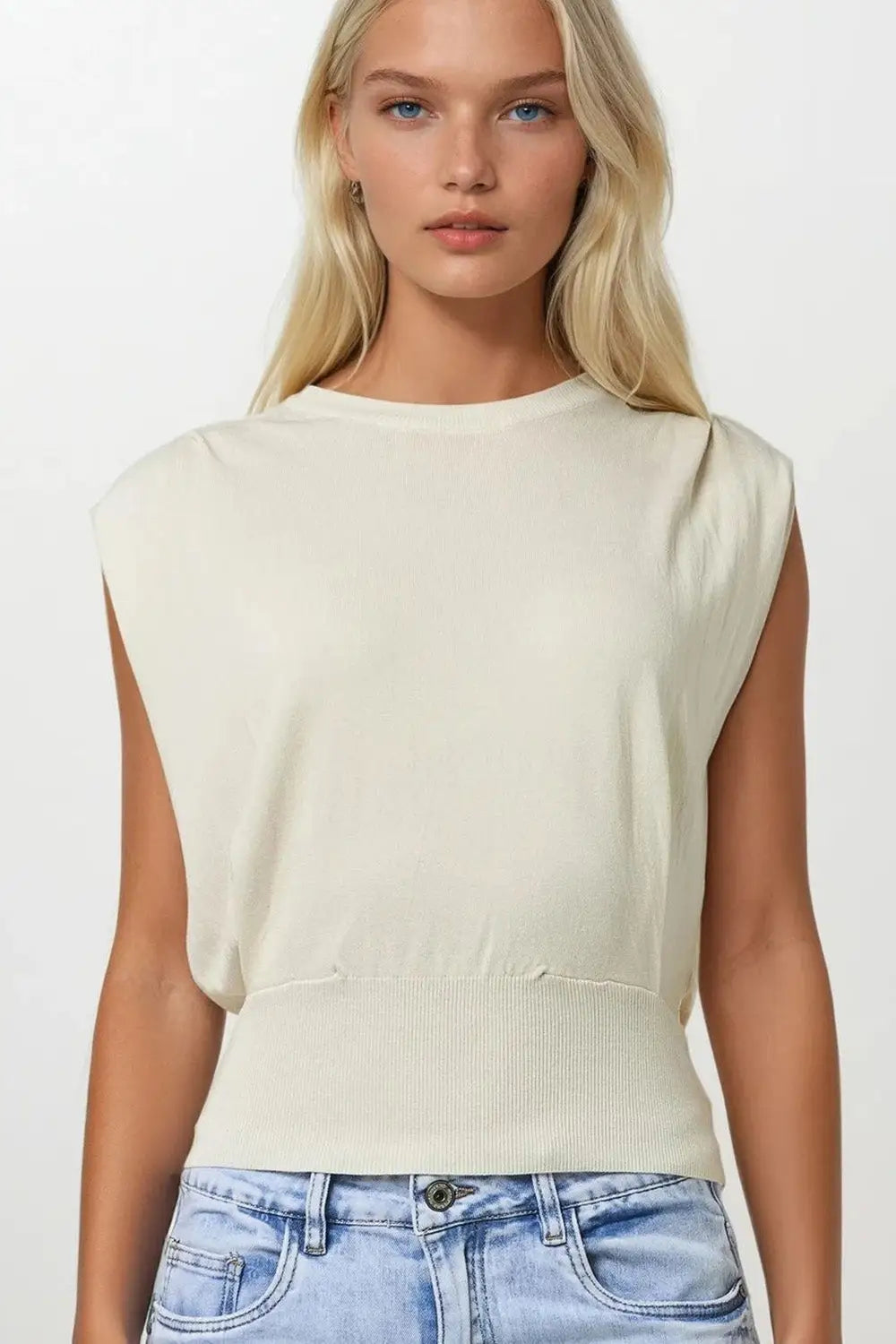 Sleeveless Knited Top With Shoulder Drape in Beige - BEIGE / ONE - Sweaters