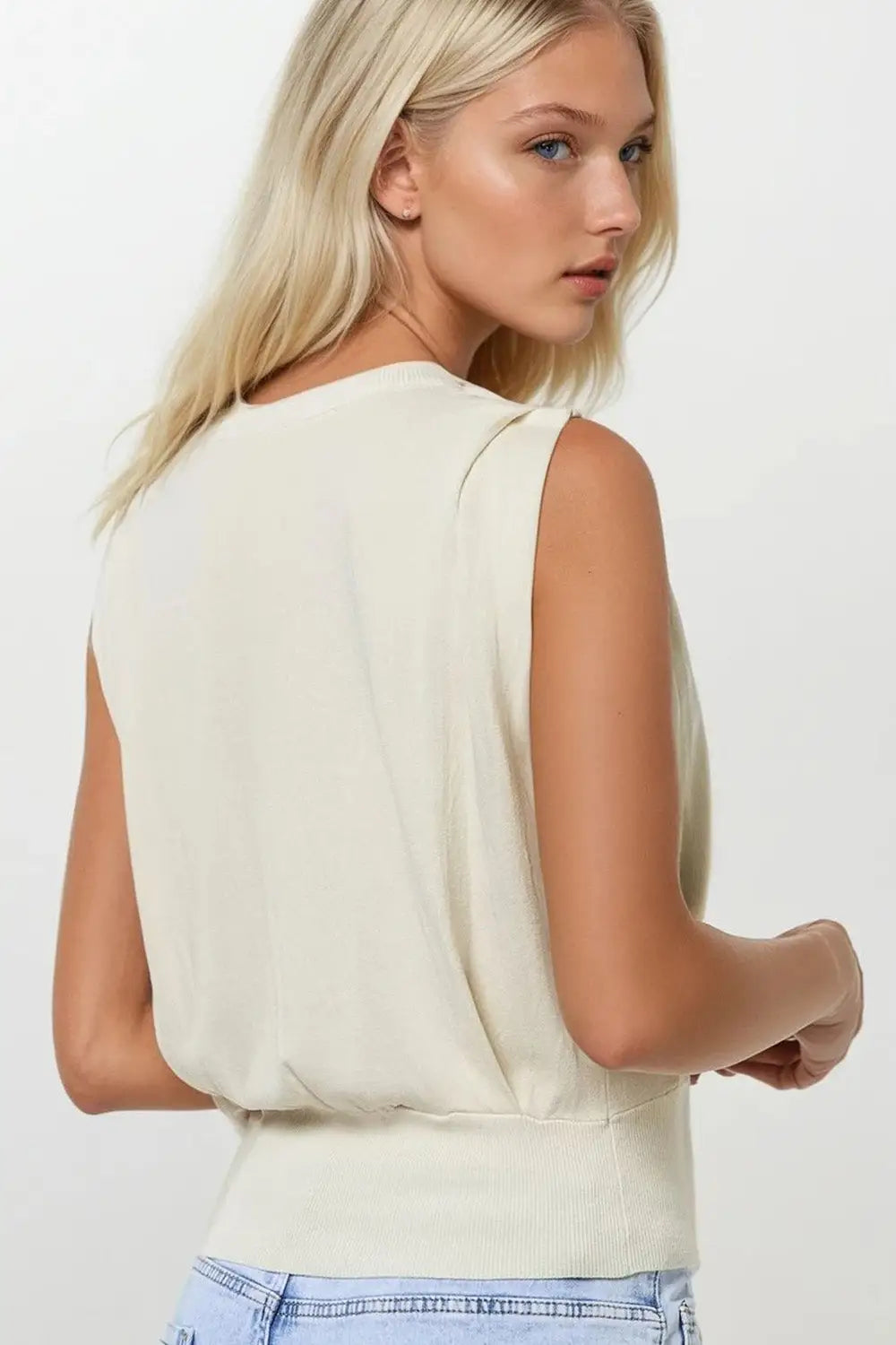 Sleeveless Knited Top With Shoulder Drape in Beige - BEIGE / ONE - Sweaters