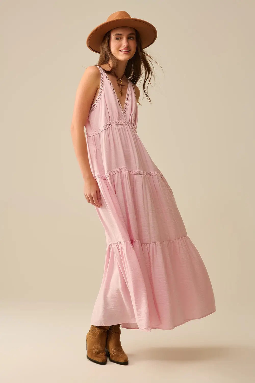 Pink Maxi Dress With Lace Details and boho style - Dresses