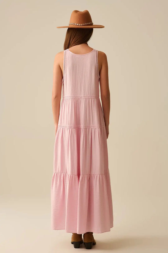 Pink Maxi Dress With Lace Details and boho style - Dresses