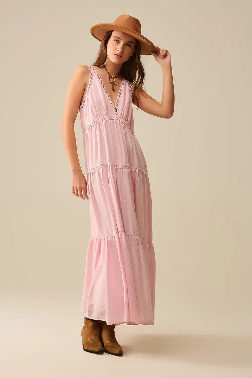 Pink Maxi Dress With Lace Details and boho style - Dresses