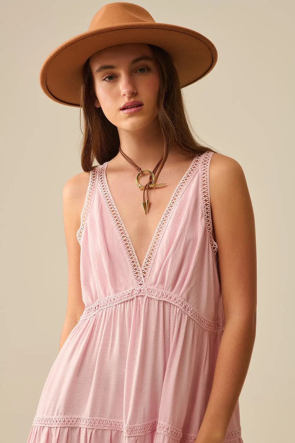 Pink Maxi Dress With Lace Details and boho style - Dresses