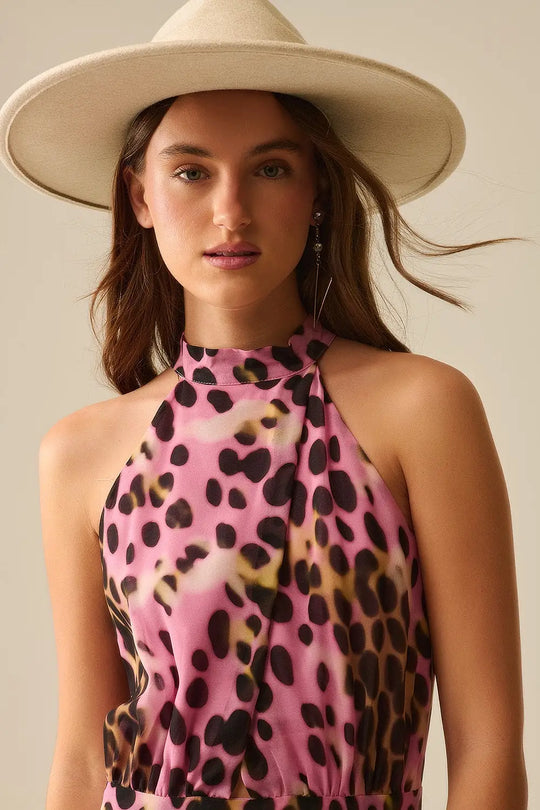 Crossed halter Neck Midi Dress in Pink and Black Animal Print - Dresses