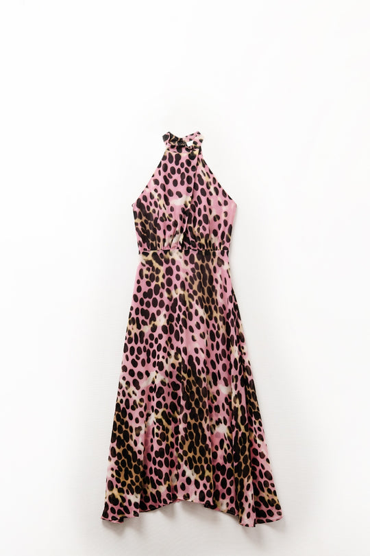 Crossed halter Neck Midi Dress in Pink and Black Animal Print
