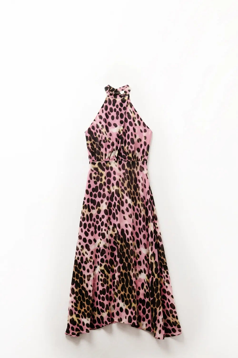 Crossed halter Neck Midi Dress in Pink and Black Animal Print - Dresses
