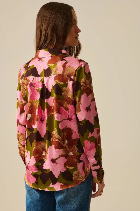 Satin Finish Tropical Floral Shirt in Olive Green - Shirts