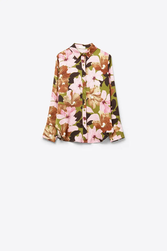 Satin Finish Tropical Floral Shirt in Olive Green - Shirts