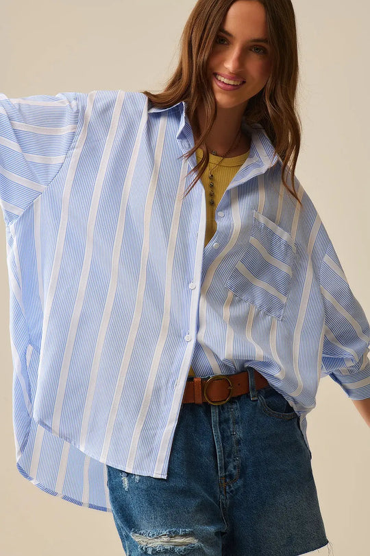 Blue and White relaxed fit Striped Shirt Tie at The Back - Shirts