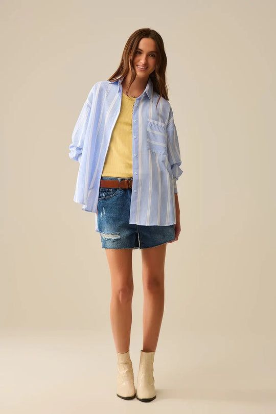 Blue and White relaxed fit Striped Shirt Tie at The Back - Shirts