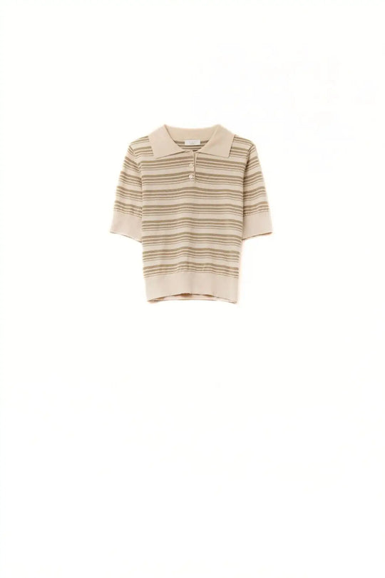 Beige and camel Striped Sweater With Polo Neck - BEIGE / ONE - Polos