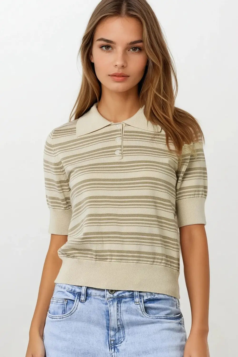 Beige and camel Striped Sweater With Polo Neck - BEIGE / ONE - Polos