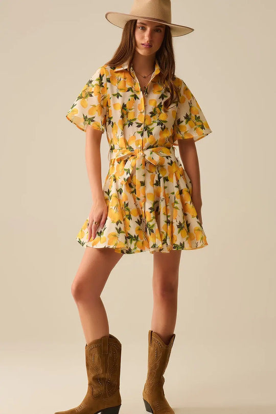Romantic dress with waistband and lemon print and short sleeves - Dresses