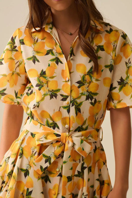 Romantic dress with waistband and lemon print and short sleeves - Dresses