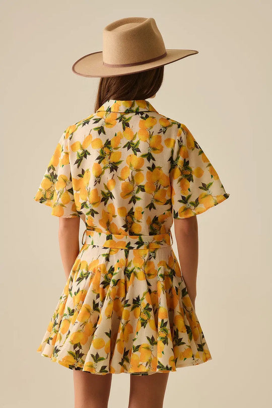 Romantic dress with waistband and lemon print and short sleeves - Dresses