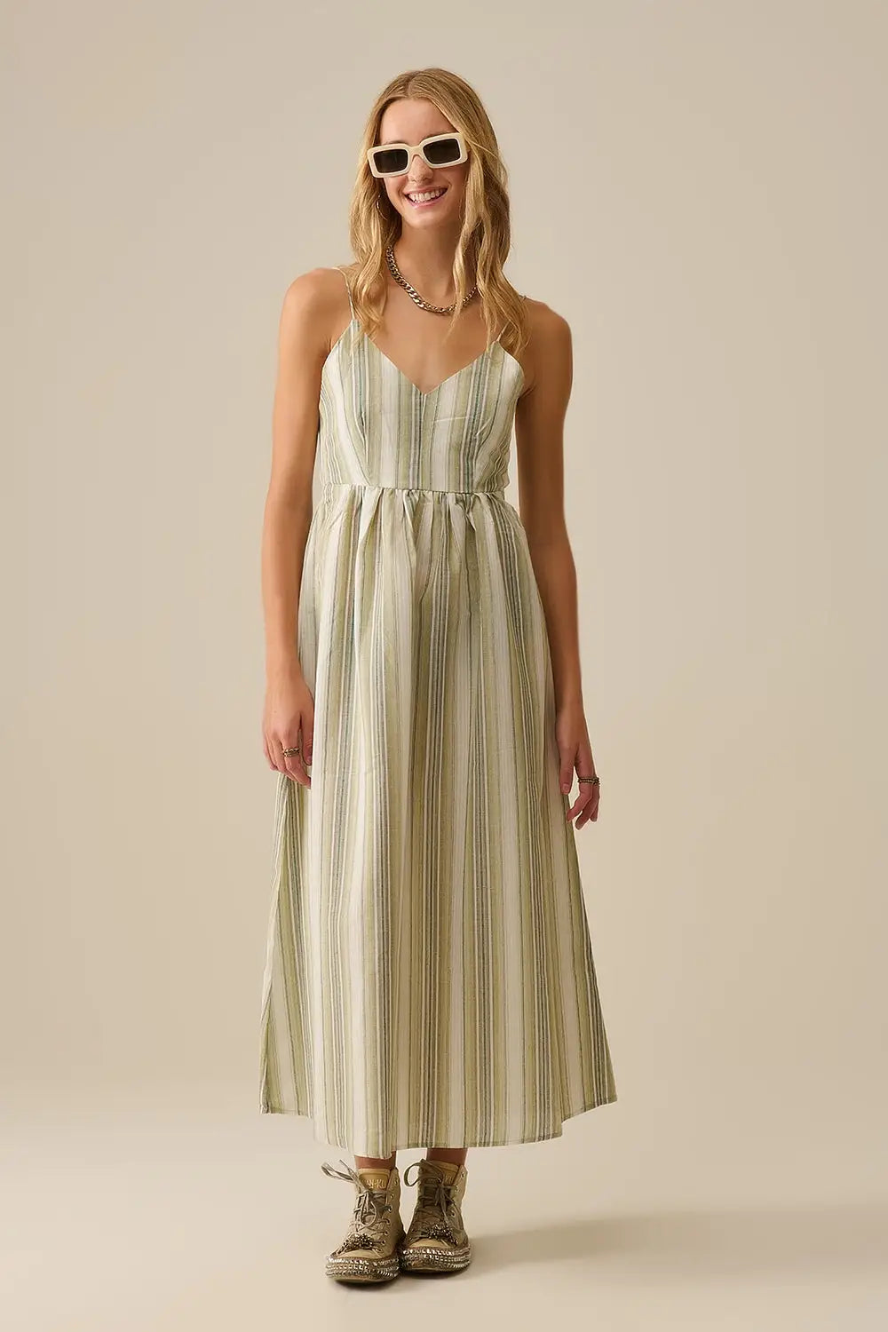 Striped V-Neck Strappy Dress in Green - Dresses