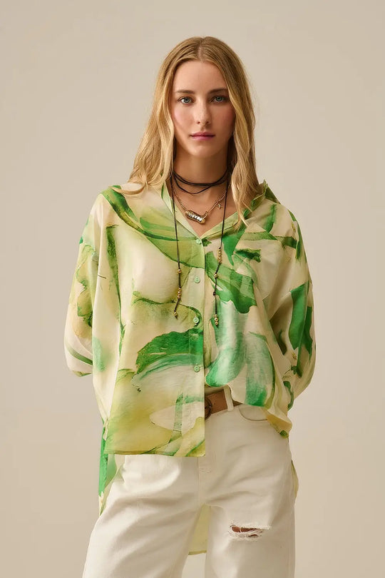 Watercolor Print Button-Down Blouse in Green - Shirts