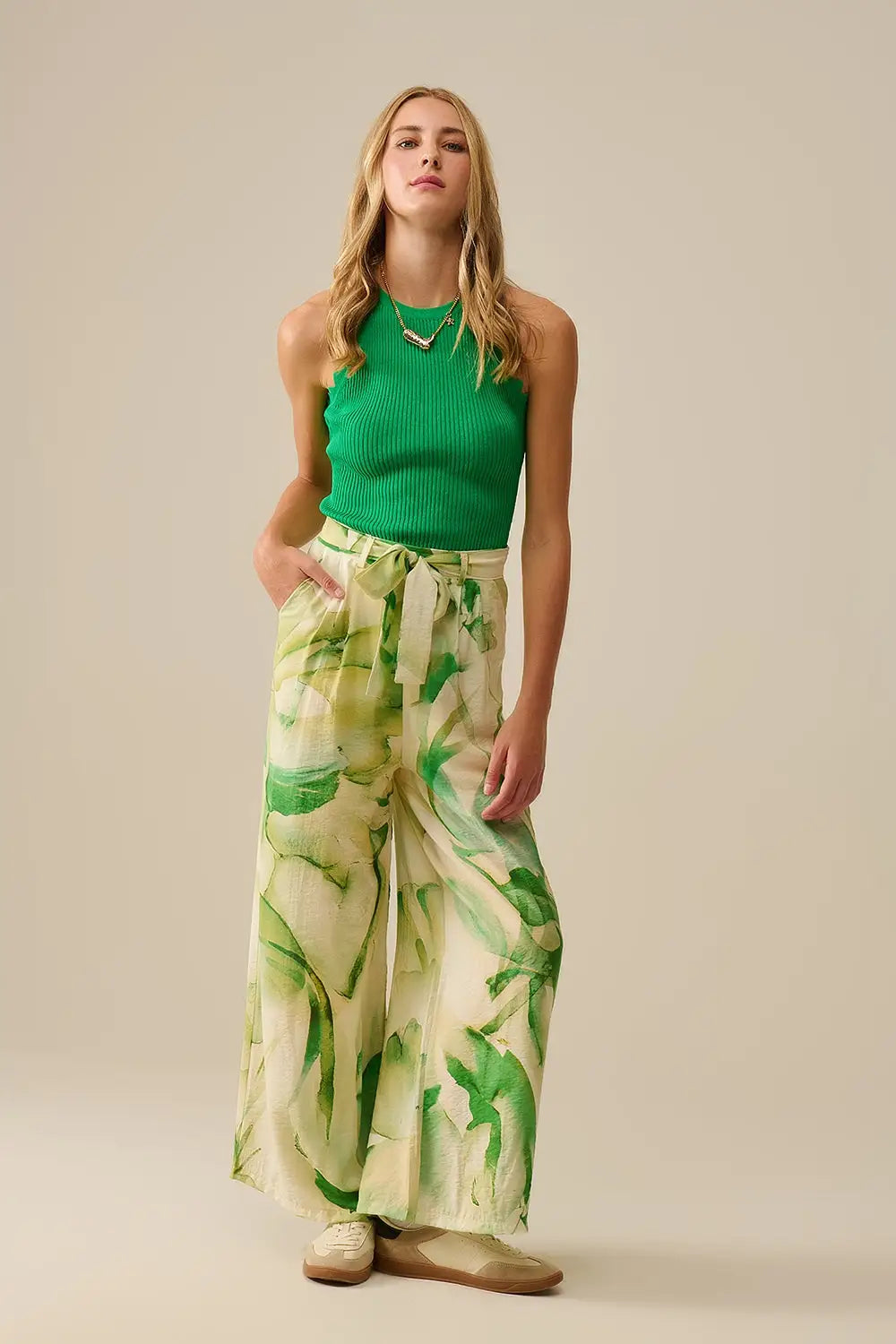 Green Tank Top with Ribbed Underarm Detail - GREEN / ONE - Tops