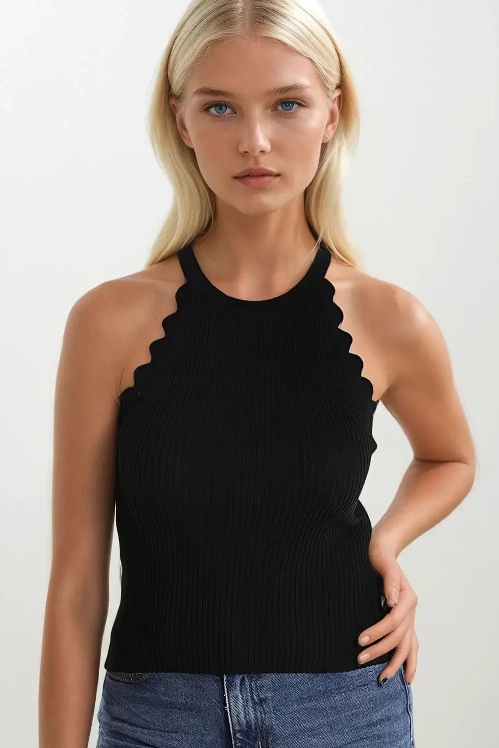 Black Tank Top with Ribbed Underarm Detail - BLACK / ONE - Tops