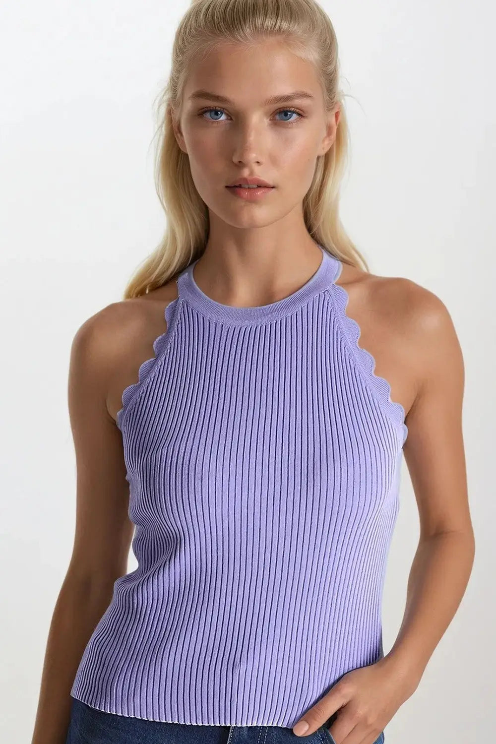 Light Purple Tank Top with Ribbed Underarm Detail - PURPLE / ONE - Tops