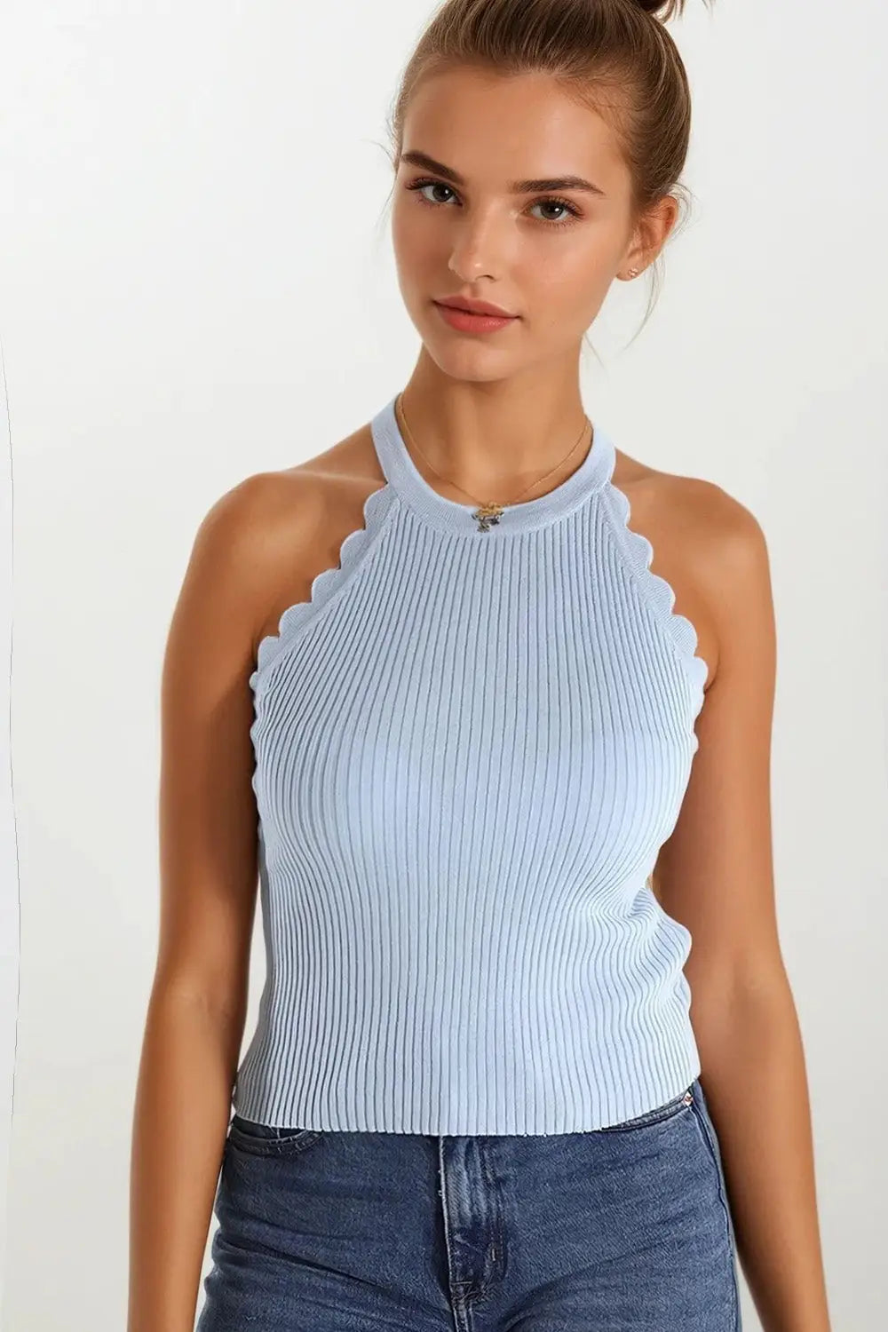 baby blue Tank Top with Ribbed Underarm Detail - BLUE / ONE - Tops