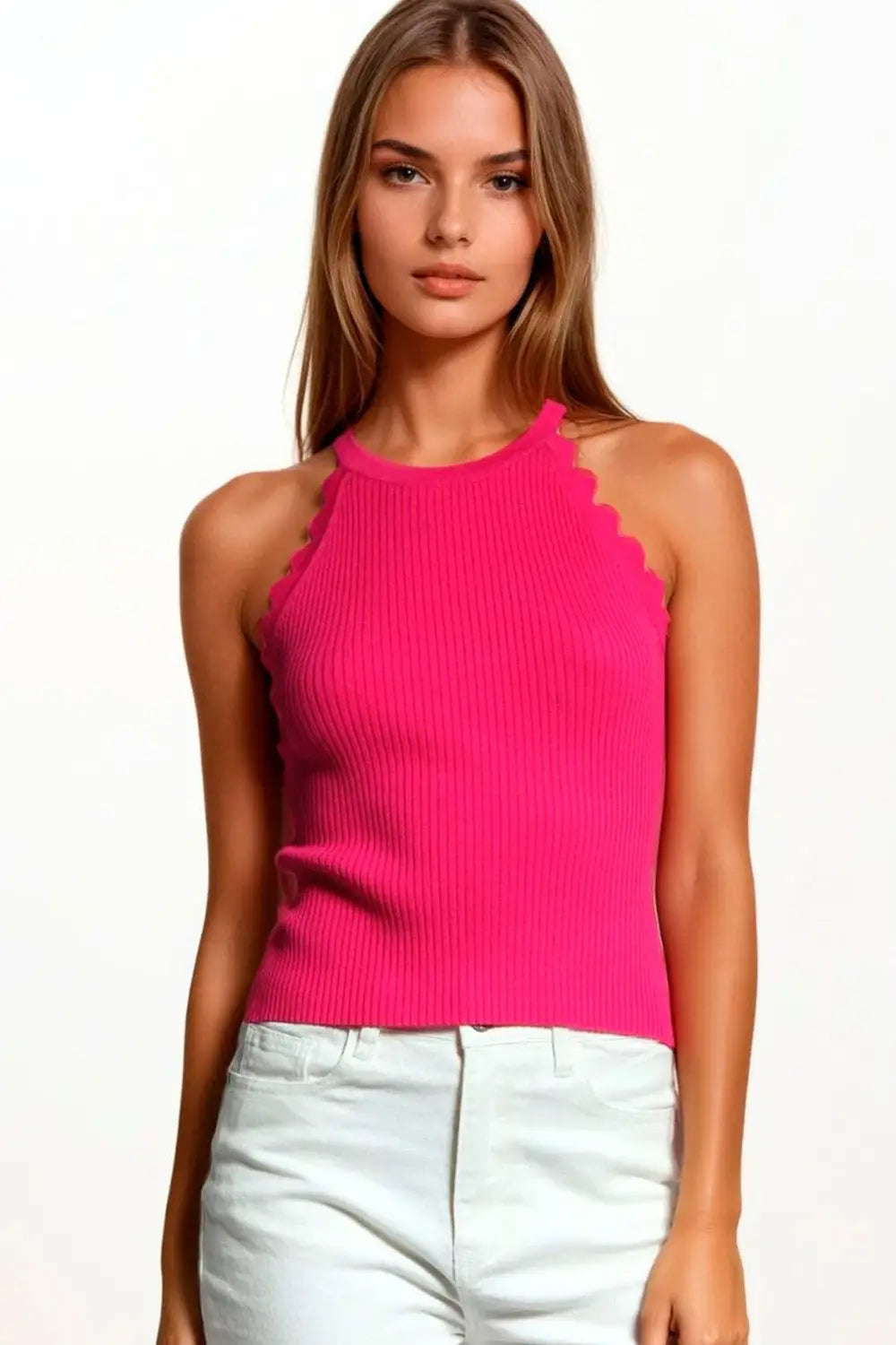 Ribbed Halter Top With Scalloped Finish in Fuchsia - FUCHSIA / ONE - Tops
