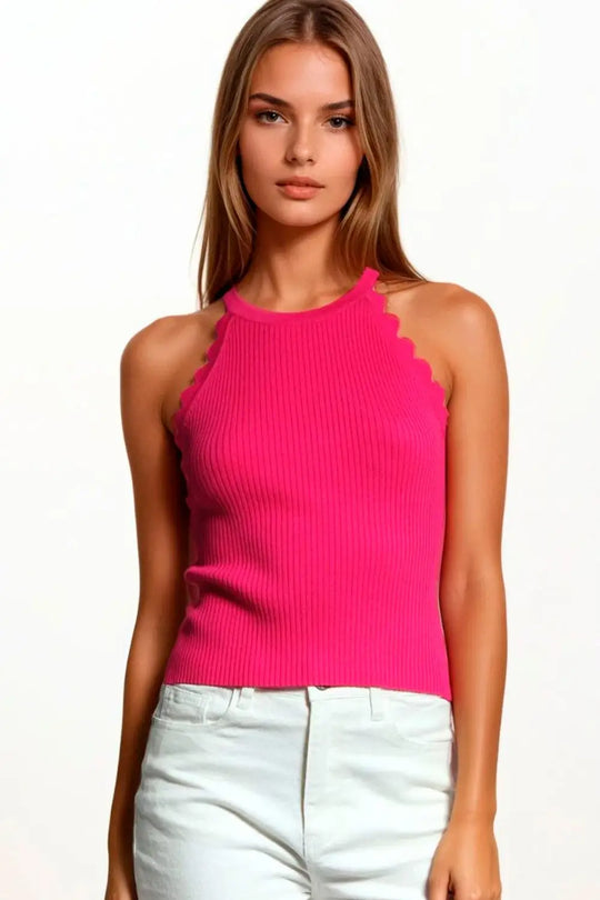 Ribbed Halter Top With Scalloped Finish in Fuchsia - FUCHSIA / ONE - Tops