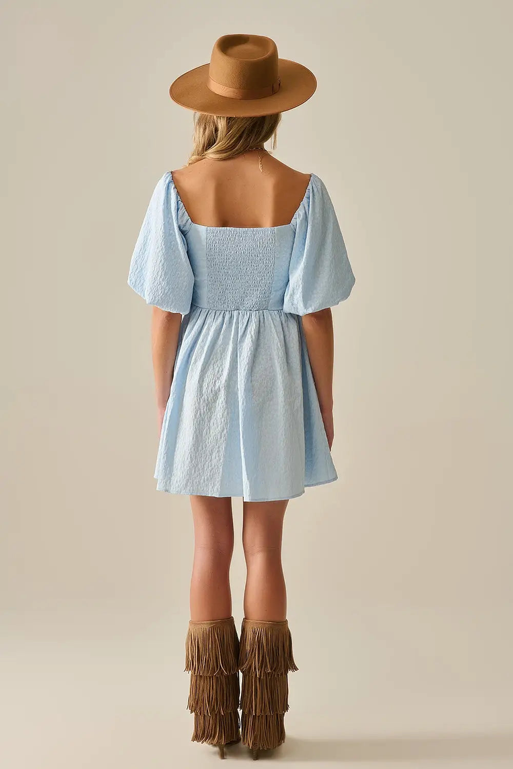 Puff Sleeve Textured Mini Dress in Light Blue - Dresses