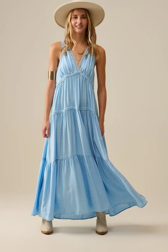Flowy Maxi Dress with Lace Inserts in Light Blue - Dresses