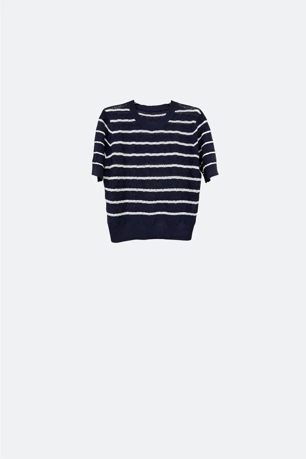 Navy Openwork knit sweater with Short Sleeves and white Stripes - NAVY / ONE - Sweaters