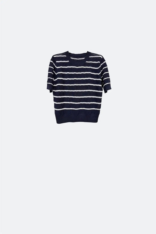 Navy Openwork knit sweater with Short Sleeves and white Stripes - NAVY / ONE - Sweaters