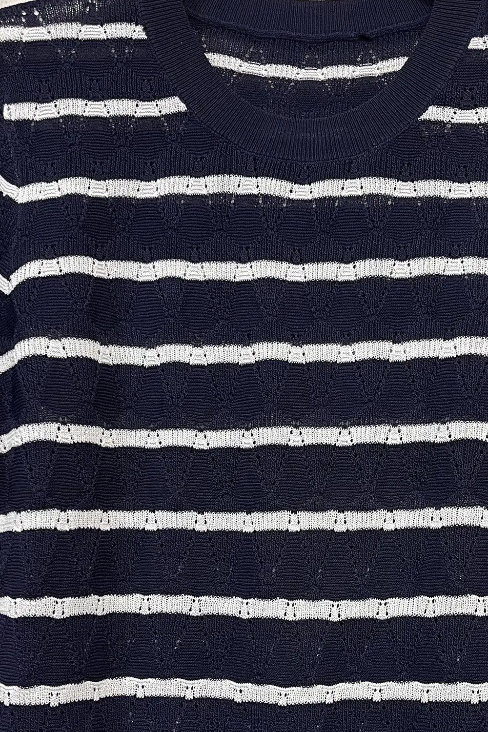 Navy Openwork knit sweater with Short Sleeves and white Stripes - NAVY / ONE - Sweaters