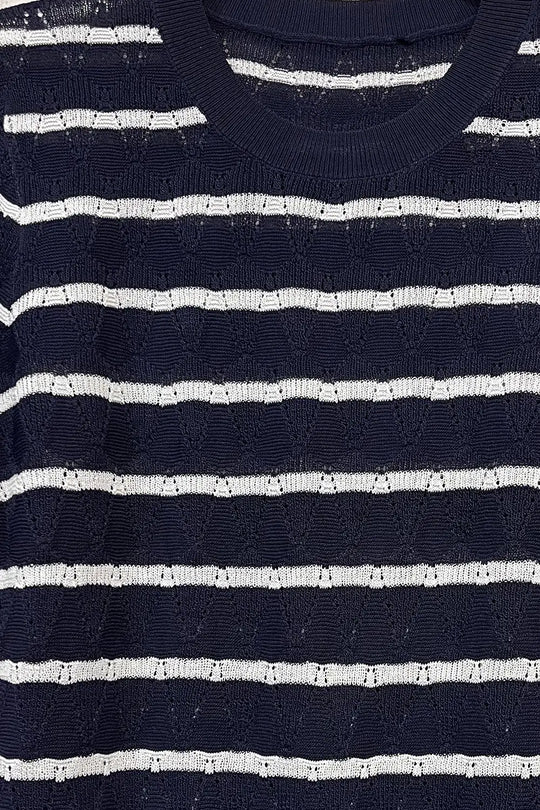 Navy Openwork knit sweater with Short Sleeves and white Stripes - NAVY / ONE - Sweaters