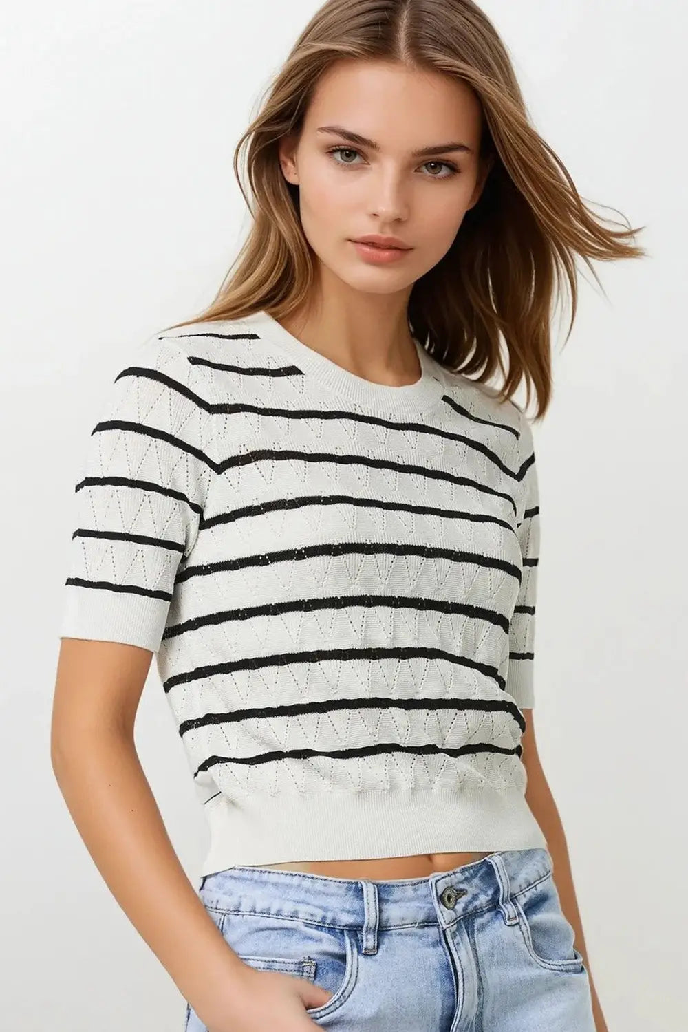White Openwork Knit Top with Short Sleeves and Black Stripes - WHITE / ONE - Sweaters