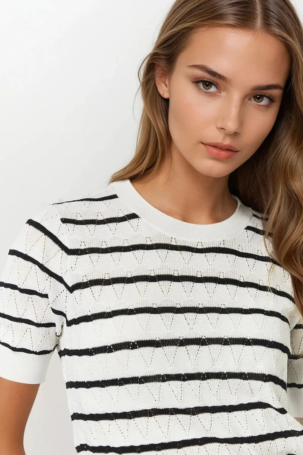 White Openwork Knit Top with Short Sleeves and Black Stripes - WHITE / ONE - Sweaters