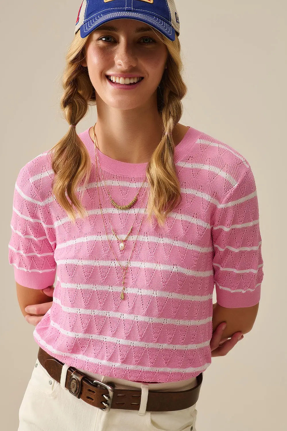 Pink Openwork Knit Top with Short Sleeves and White Stripes - PINK / ONE - Sweaters